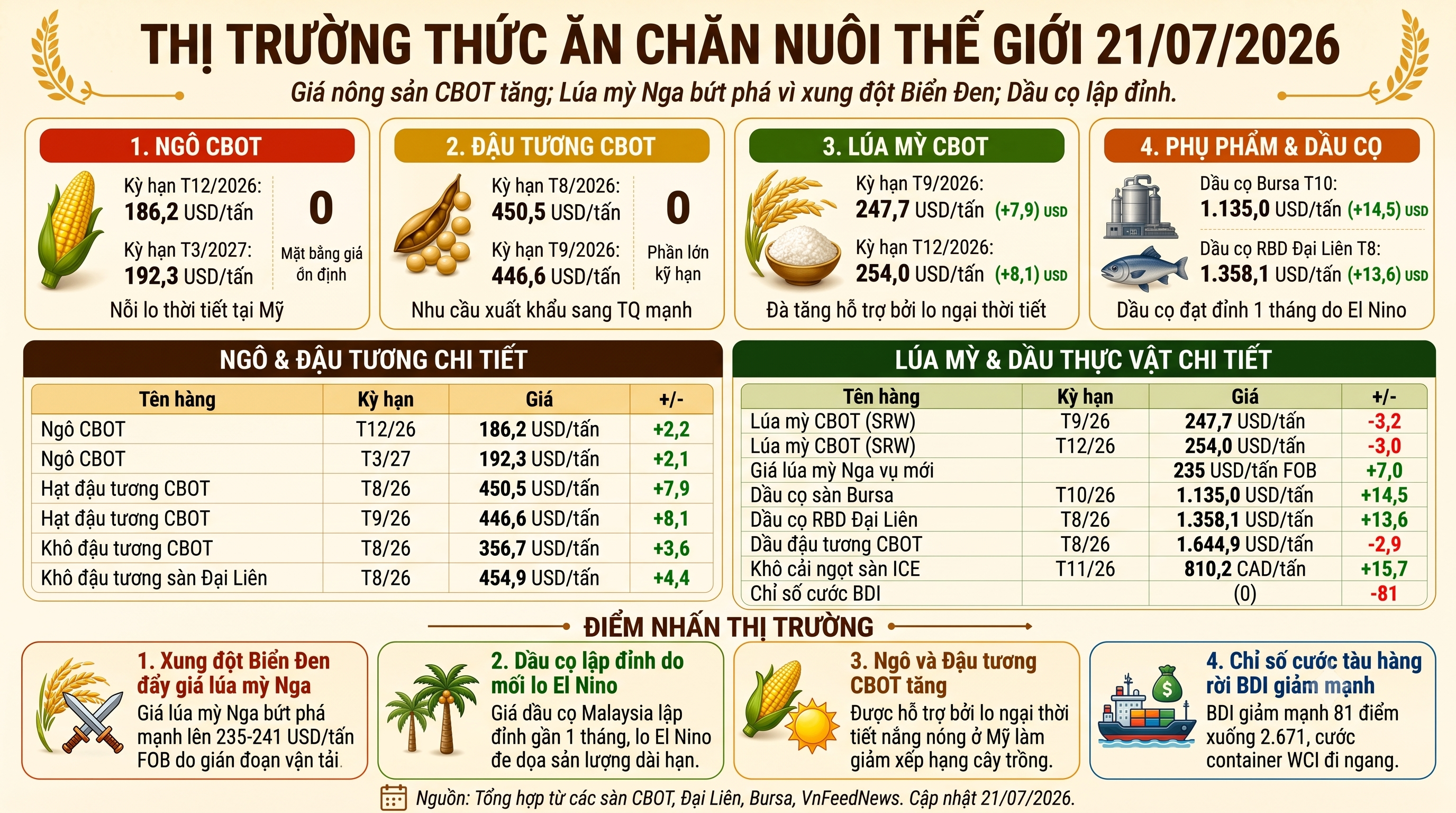 Thị Trường Thức Ăn Chăn Nuôi Thế Giới Ngày 21/07/2026: Giá Ngô Và Đậu Tương CBOT Tiếp Tục Tăng